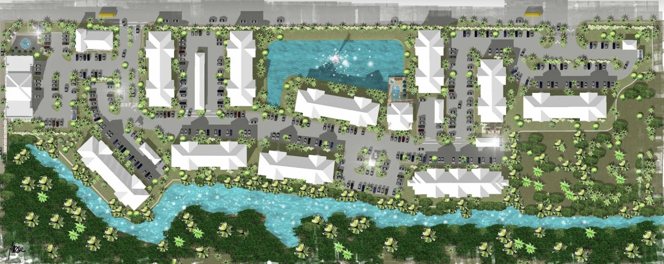 Screen Shot 2021-11-23 at 7.54.50 PM Site plan rendering of an apartment community with a pond