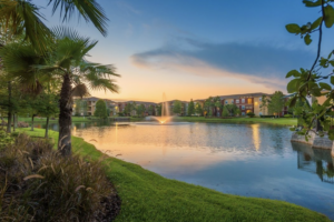 Lake at sunset with palm trees at a Gray Company apartment property