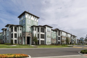 Modern four-story apartment building exterior