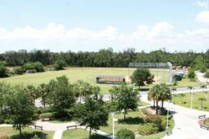 Aerial view of the Shorecrest Preparatory School campus lawn and buildings