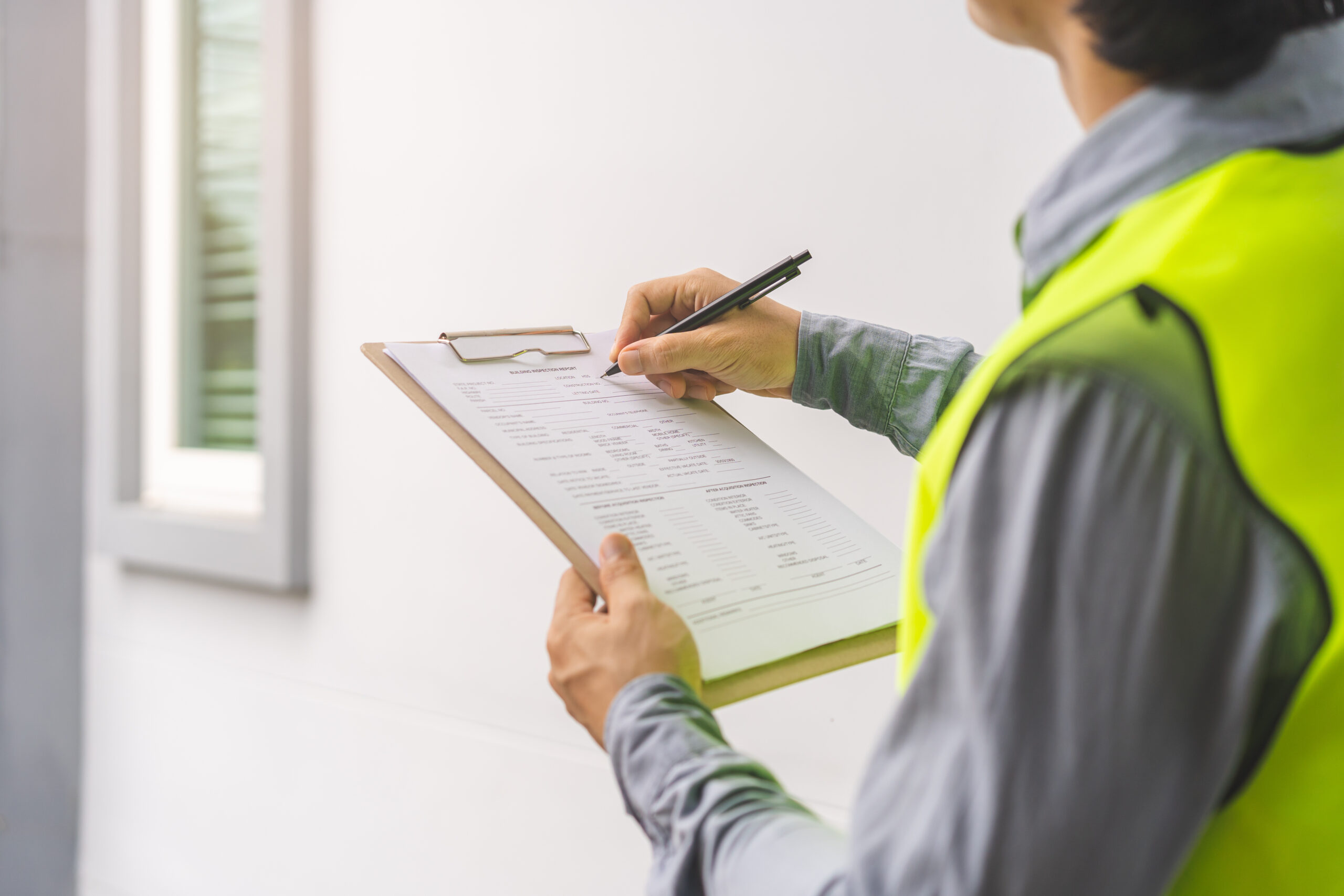 Building inspection, contractor asian young man, male inspecting zumBrunnen staff facilitating a religious institution property condition assessment on site
