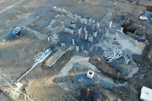 created by dji camera Foundation excavation with rebar at the Enso Village senior living construction site