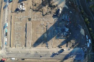 created by dji camera Aerial view of the building foundation layout at Enso Village