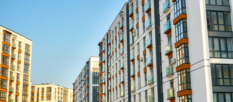 Residential buildings in new district. Fragment of contemporary architecture. Residential area in the city, modern apartment buildings