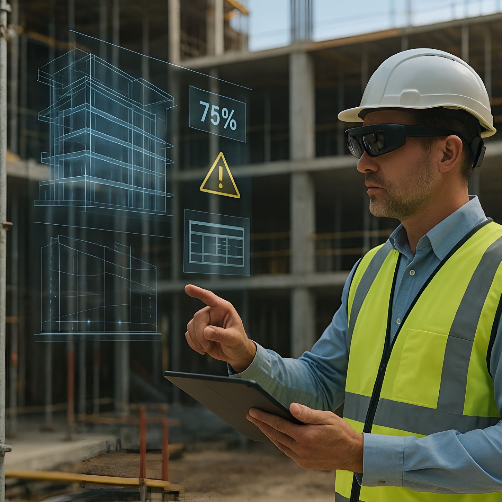 Construction professional in an AR headset viewing a digital building overlay – zumBrunnen construction consulting