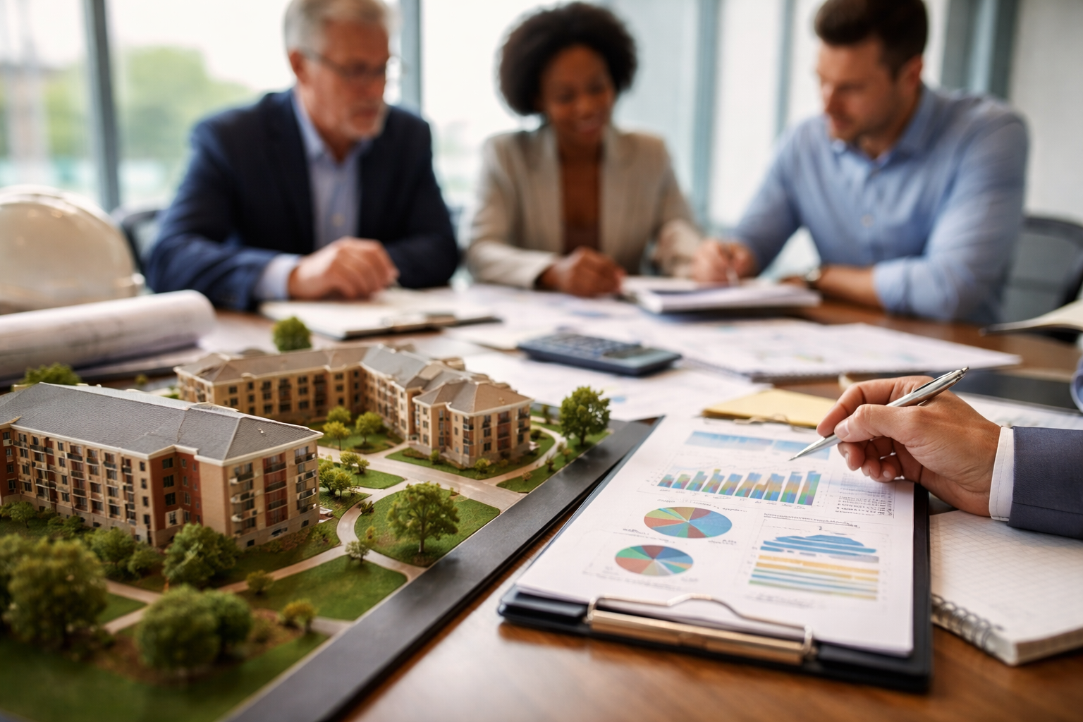 Professionals reviewing a building model and financial charts during capital planning – zumBrunnen