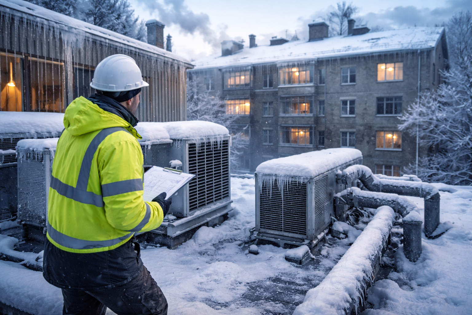 Inspector checking snow-covered rooftop HVAC units at an apartment building – zumBrunnen construction consulting